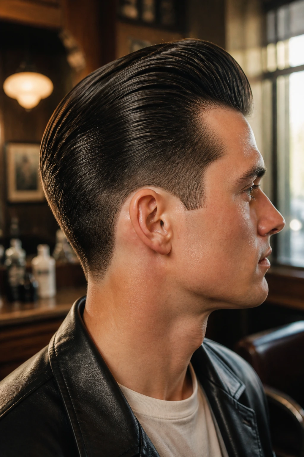 Close-up portrait of a man with a ducktail haircut and high-shine pomade