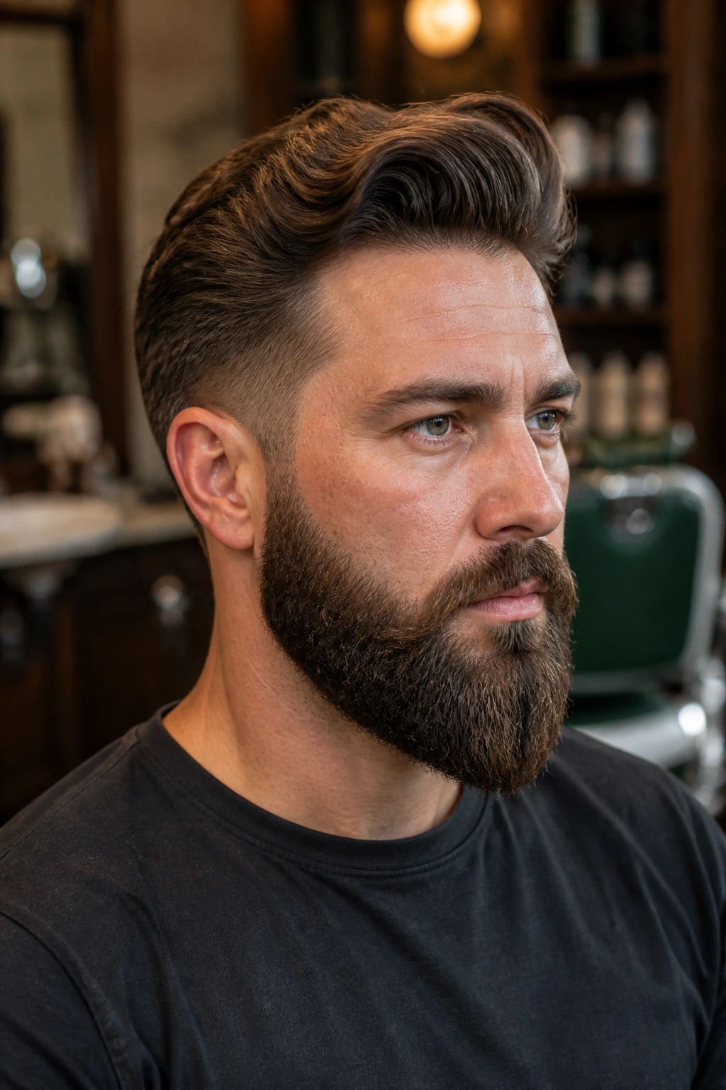 Close-up of a man with ducktail with a taper beard in a barbershop setting