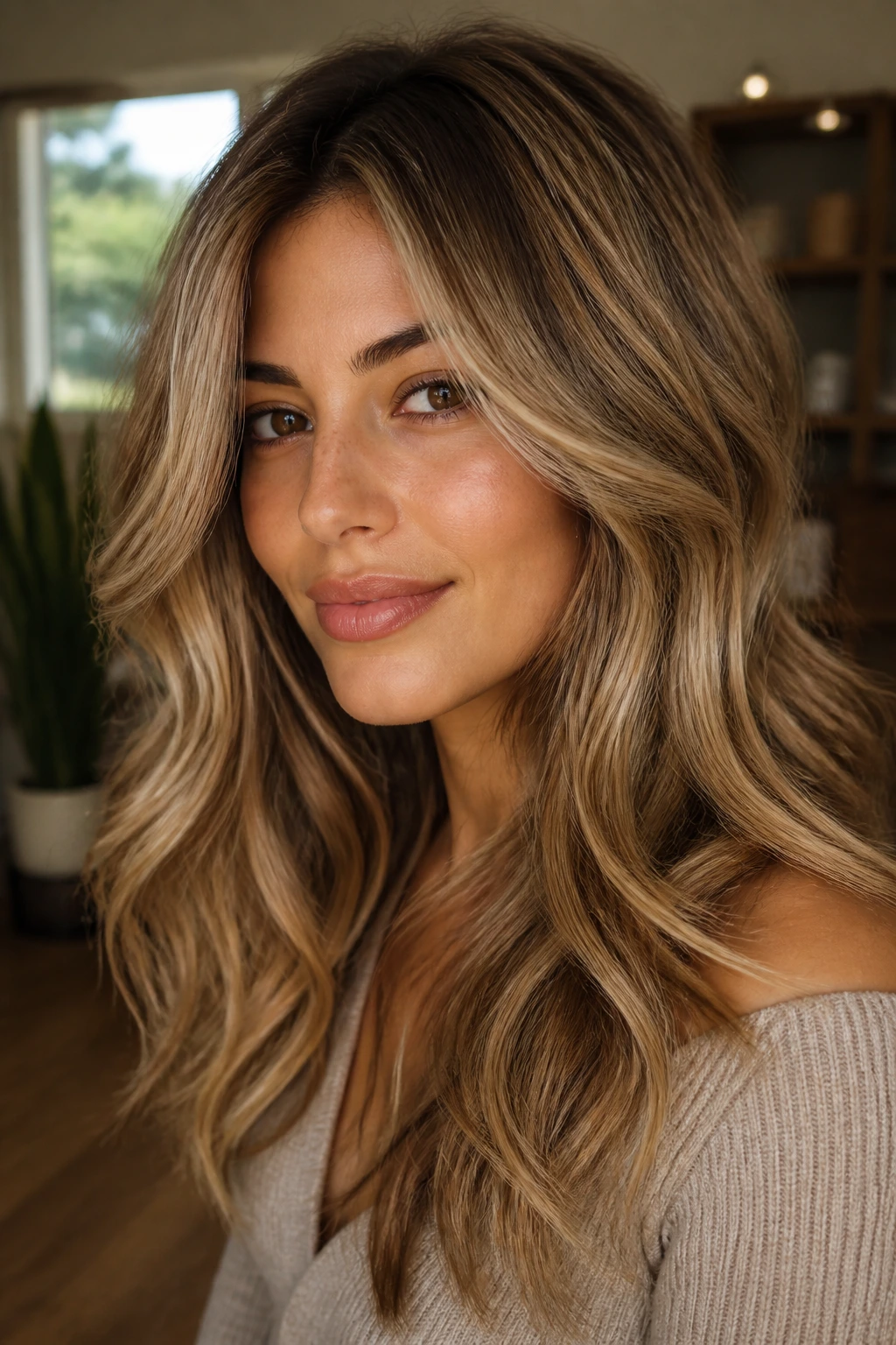 Close-up portrait of a real woman with dulce leche blonde caramel tones