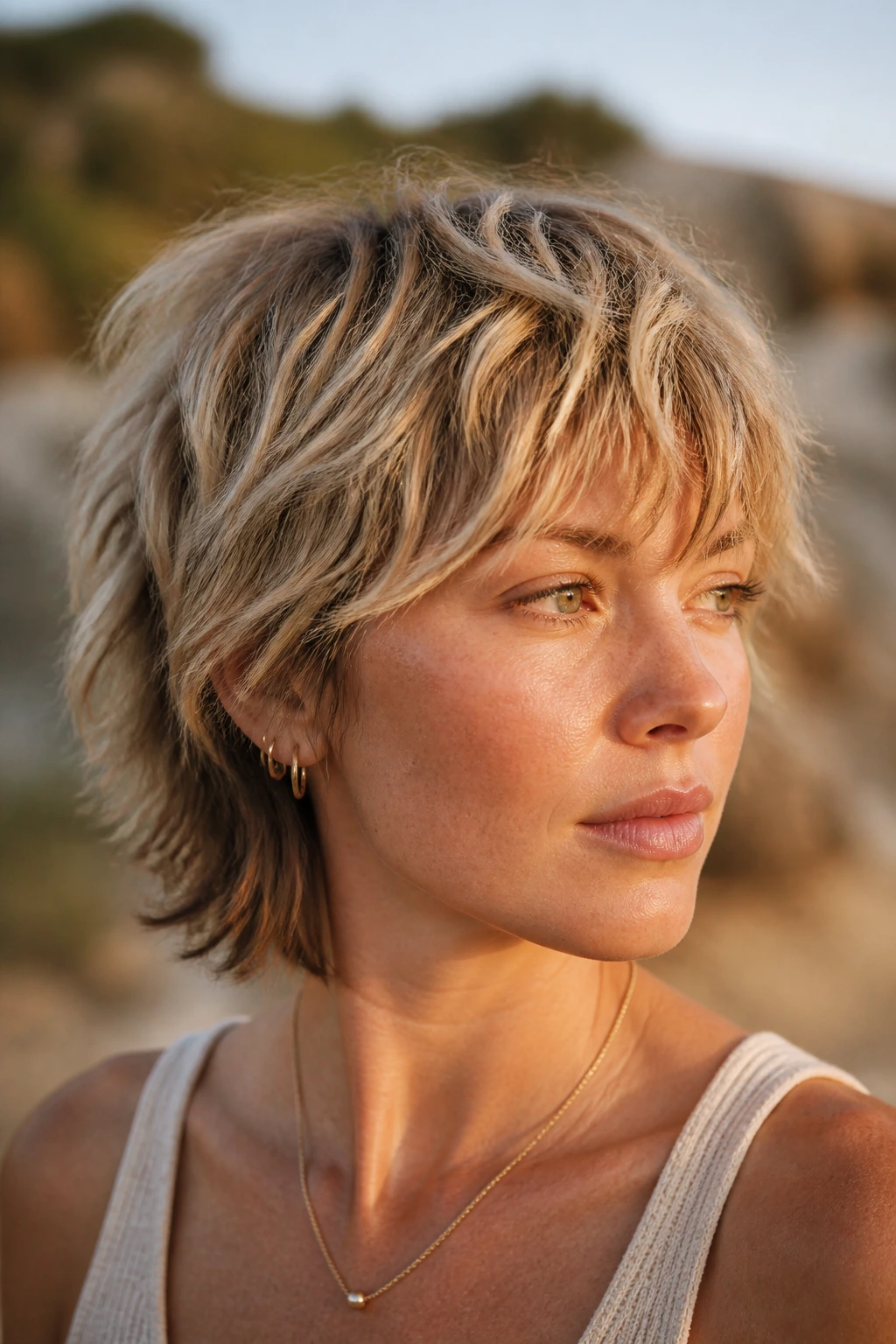 Portrait of a woman with dune blonde shag and layered texture