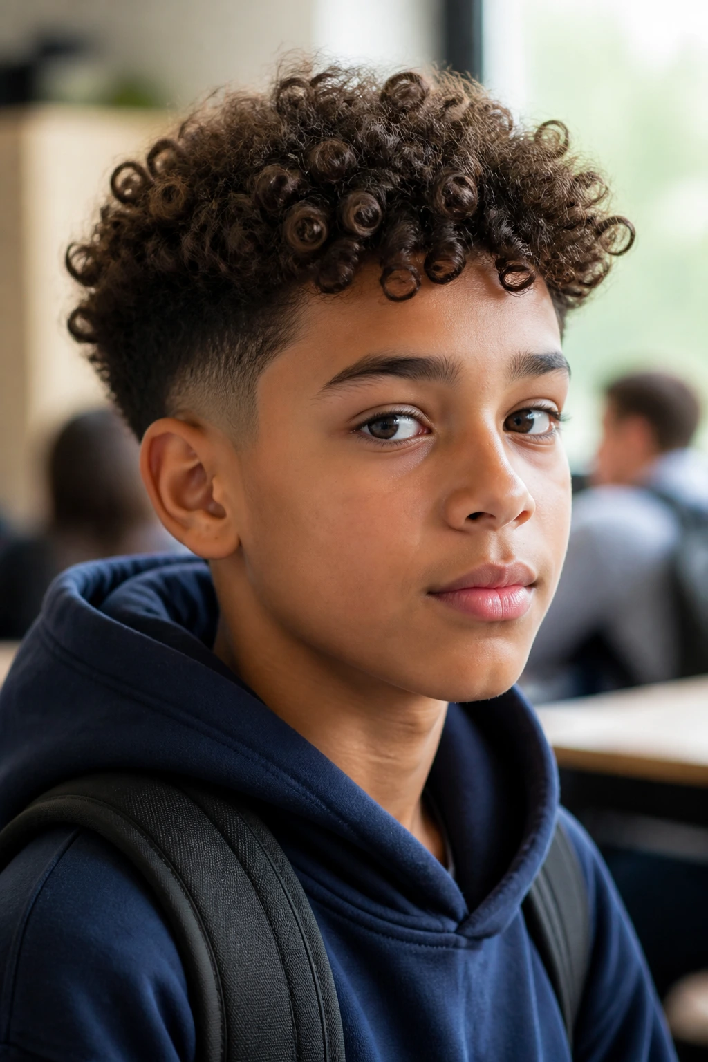Portrait of a schoolboy with a durable curly haircut in a classroom