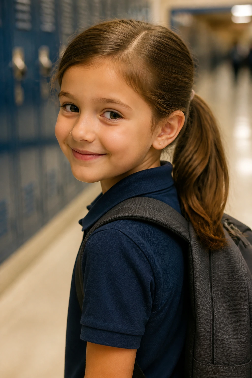 Portrait of a child with a practical, durable school hairstyle in a hallway.