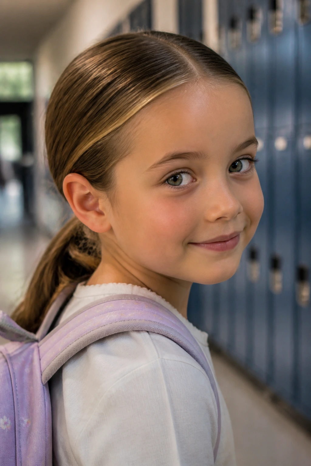 Portrait of a child with a durable school hairstyle in a hallway.