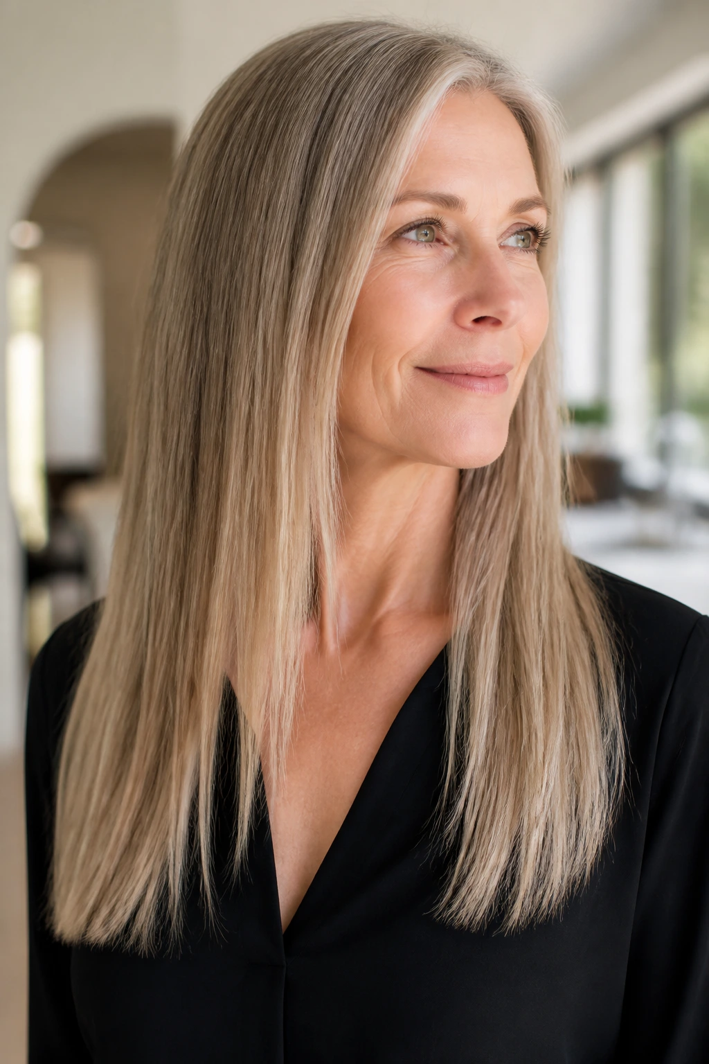 Close-up of a real woman with dusted ends on long straight hair