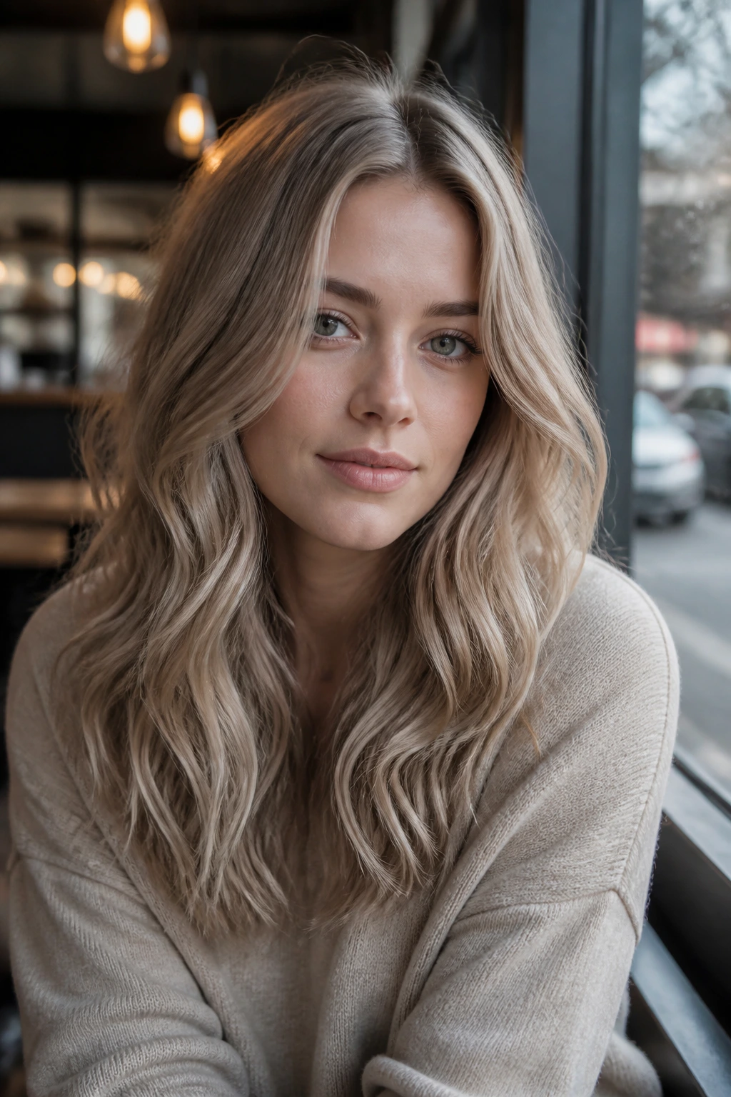 Close-up of a real person with dusty beige blonde hair in a cafe setting
