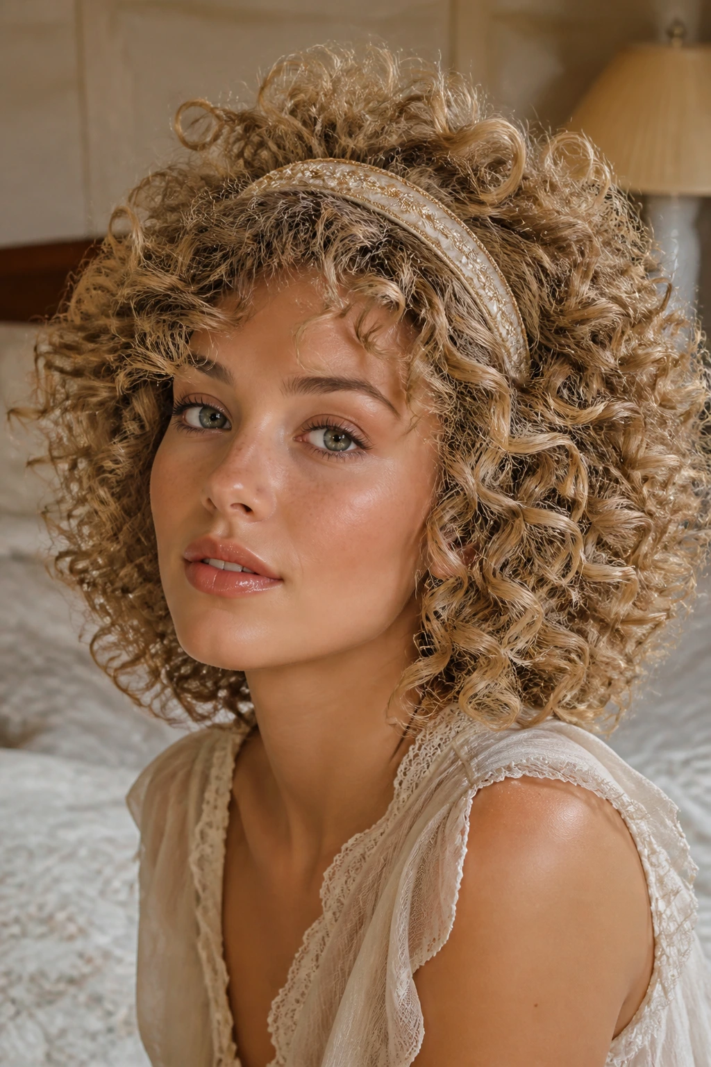 Close-up of a real woman with dusty blonde halo curls and a slim vintage headband