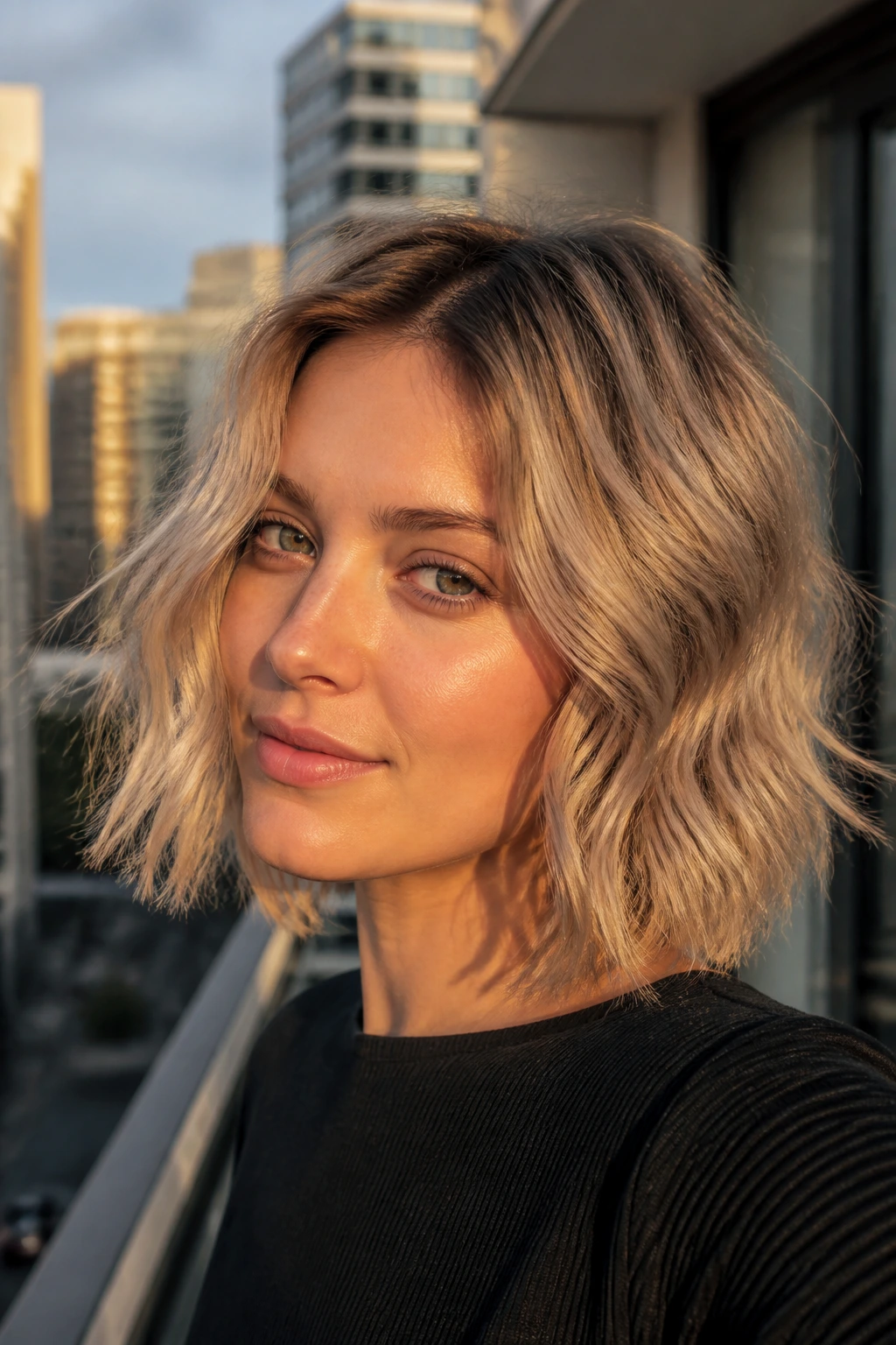 Close-up of dusty blonde wave cut on a real person with urban backdrop