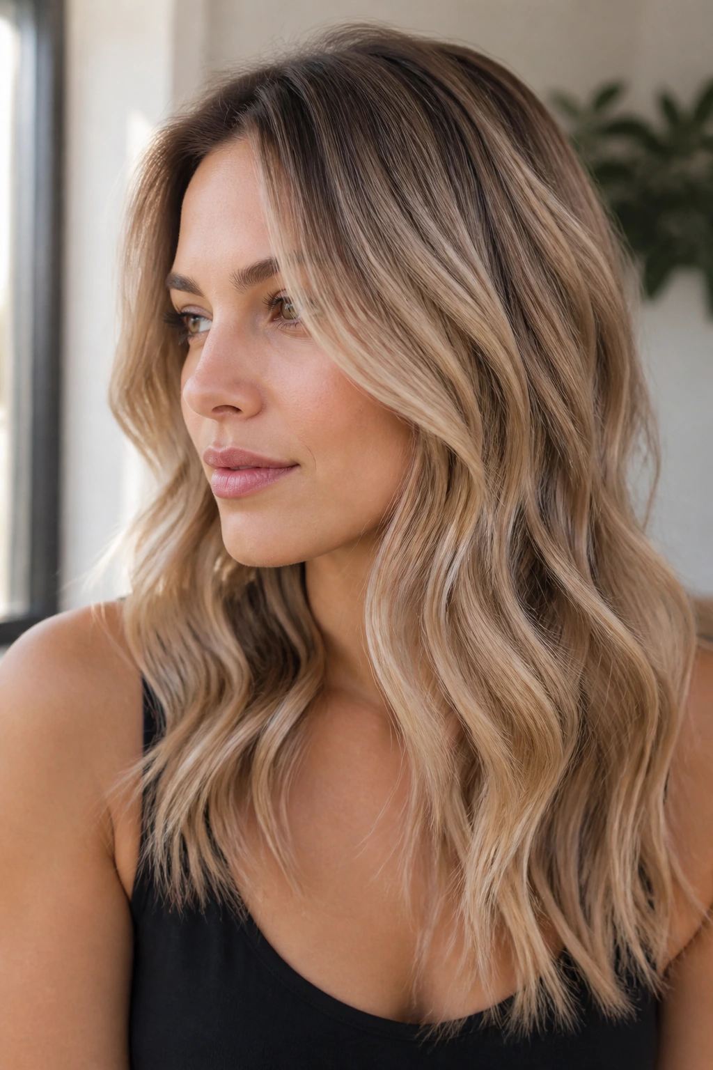 Real woman with dusty champagne balayage in soft window light