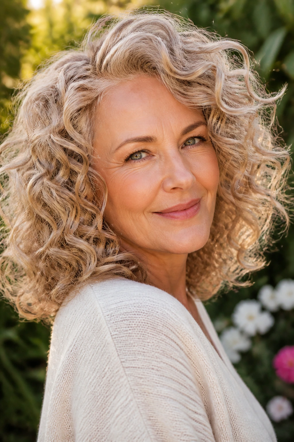 Curly hair in dusty champagne blonde close-up