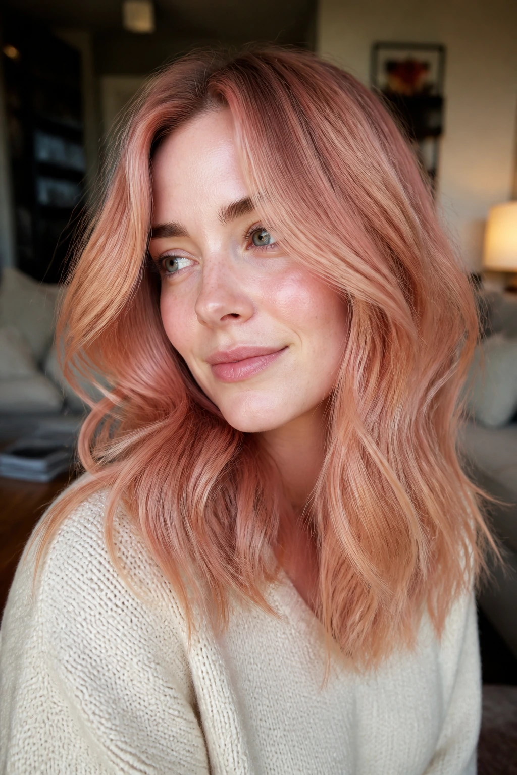 Close-up of dusty coral melt hair on pale skin in natural window light