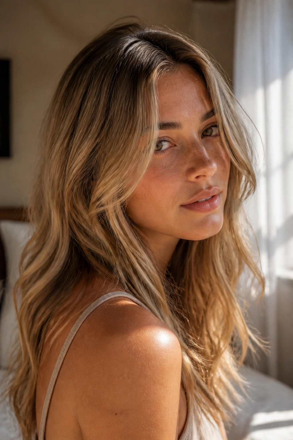 Close-up portrait of a real woman with dusty honey blonde and muted warmth.