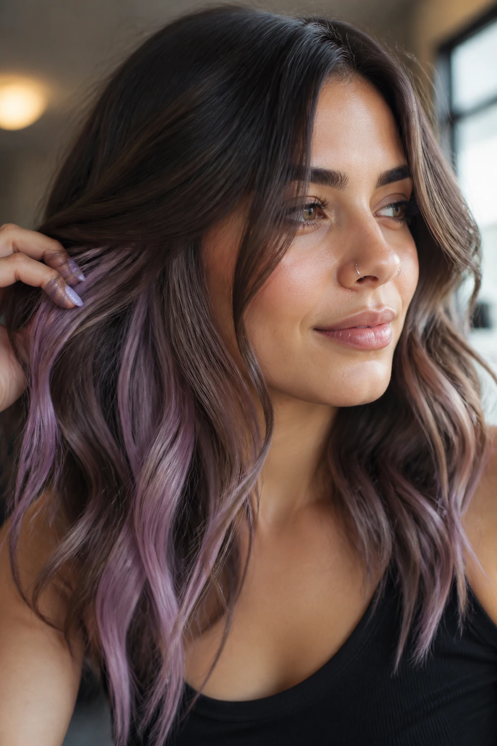 Close-up of a real person showing dusty lavender peekaboo under the top layer