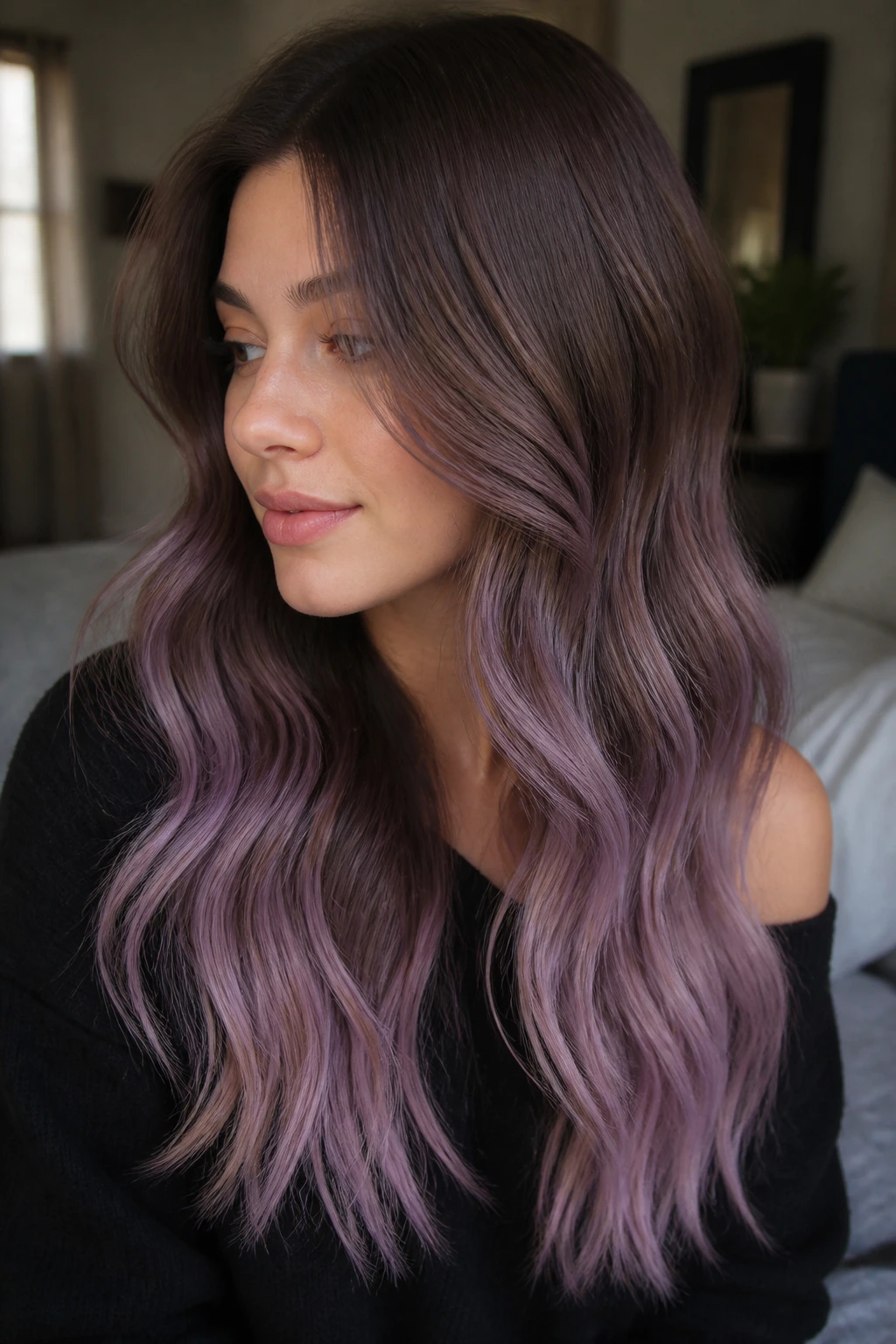 Close-up of a real woman's hair showing deep brown to dusty lilac ombre with soft waves