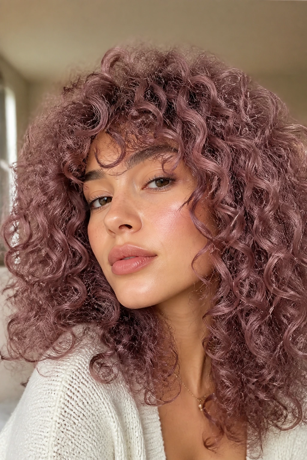 Close-up of a woman with dusty mauve curls
