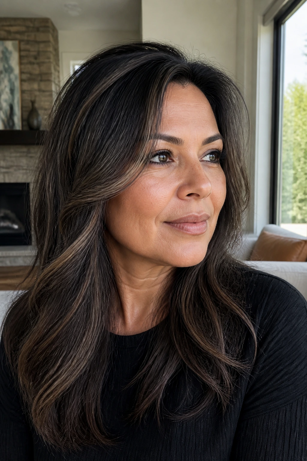 Close-up of deep brunette hair with dusty mink dimension and smoky lowlights