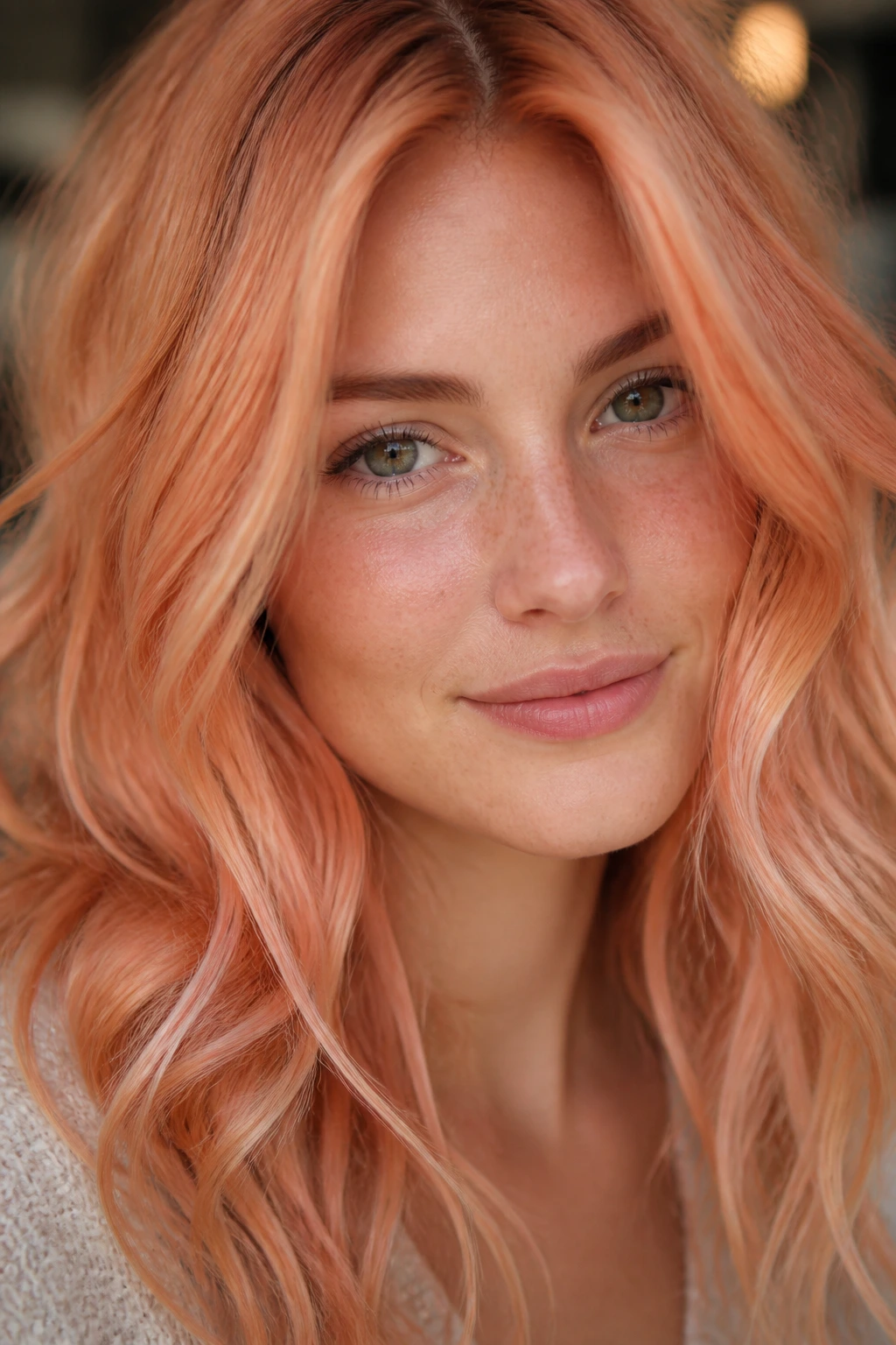 Portrait of a woman with dusty peach melt orange hair showing soft orange variations