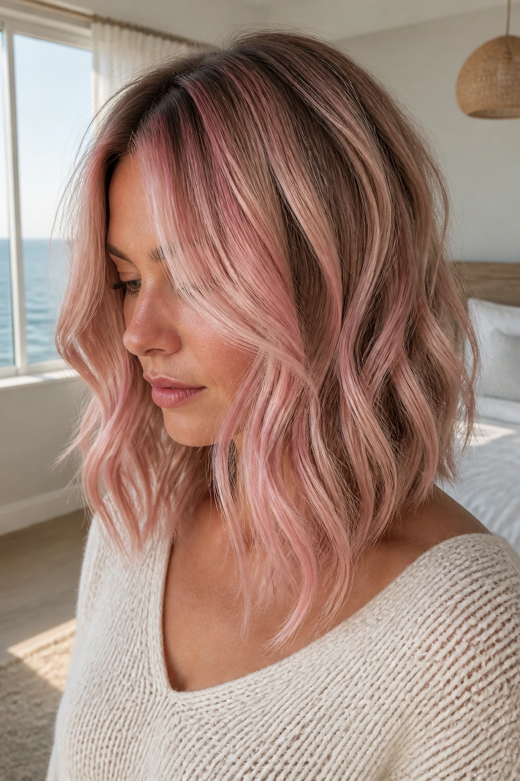 Shoulder-length hair with dusty pink balayage on beige blonde in a close-up