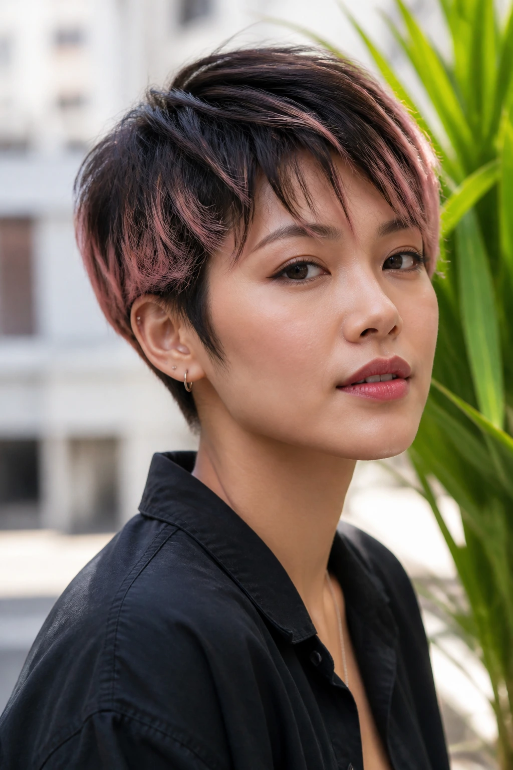 Close-up of a real Asian woman with dusty pink ends on a layered pixie.