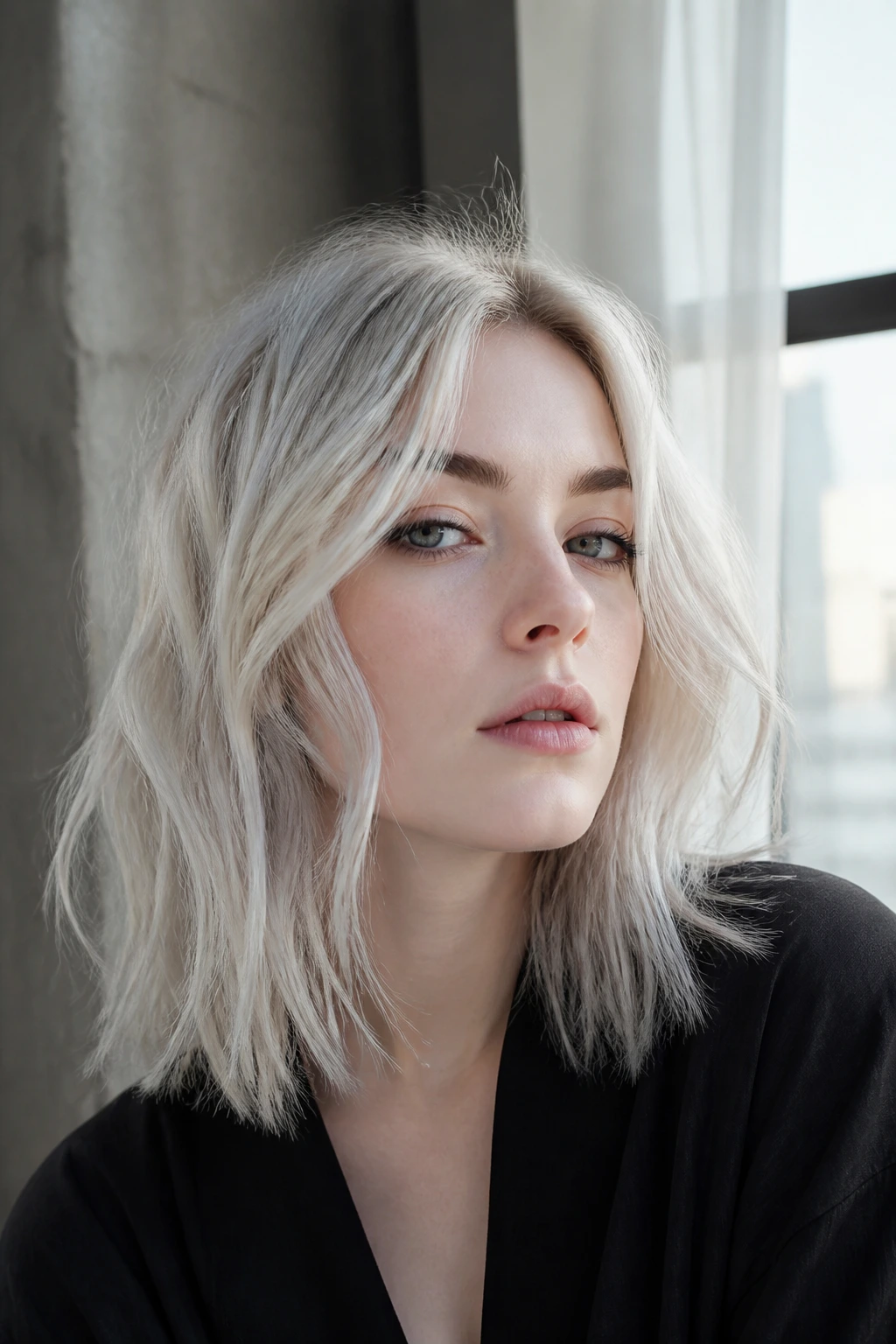 Close-up portrait of a real woman with dusty platinum hair in a softly lit apartment