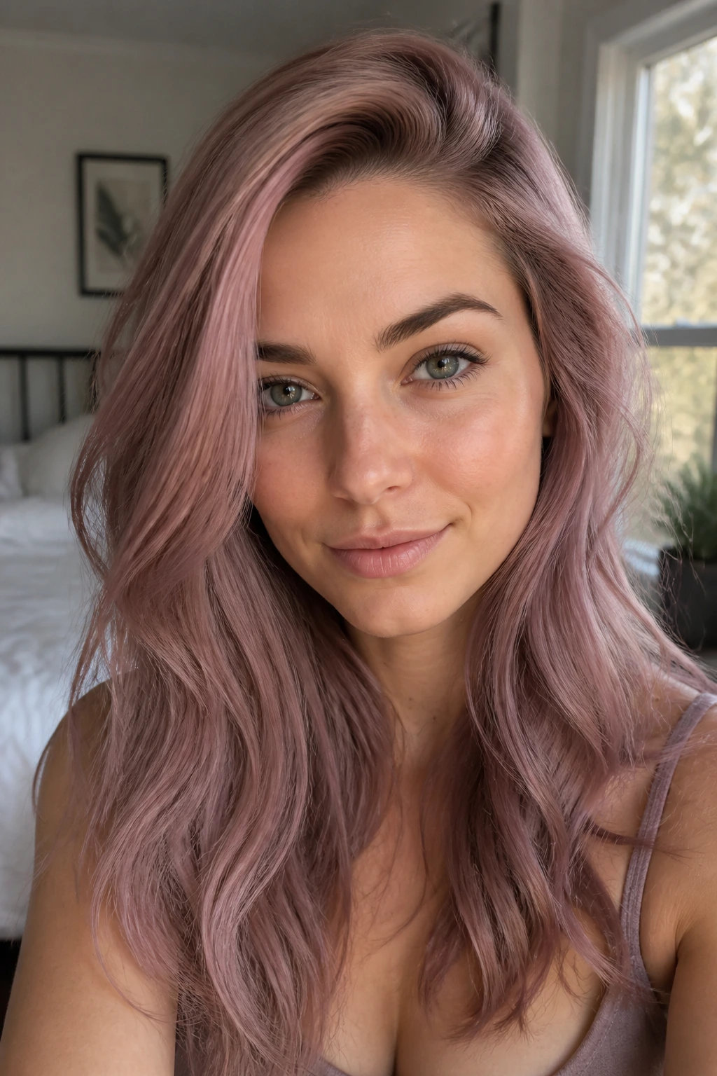 Close-up of a woman with dusty rose ash hair in soft waves by a sunlit window