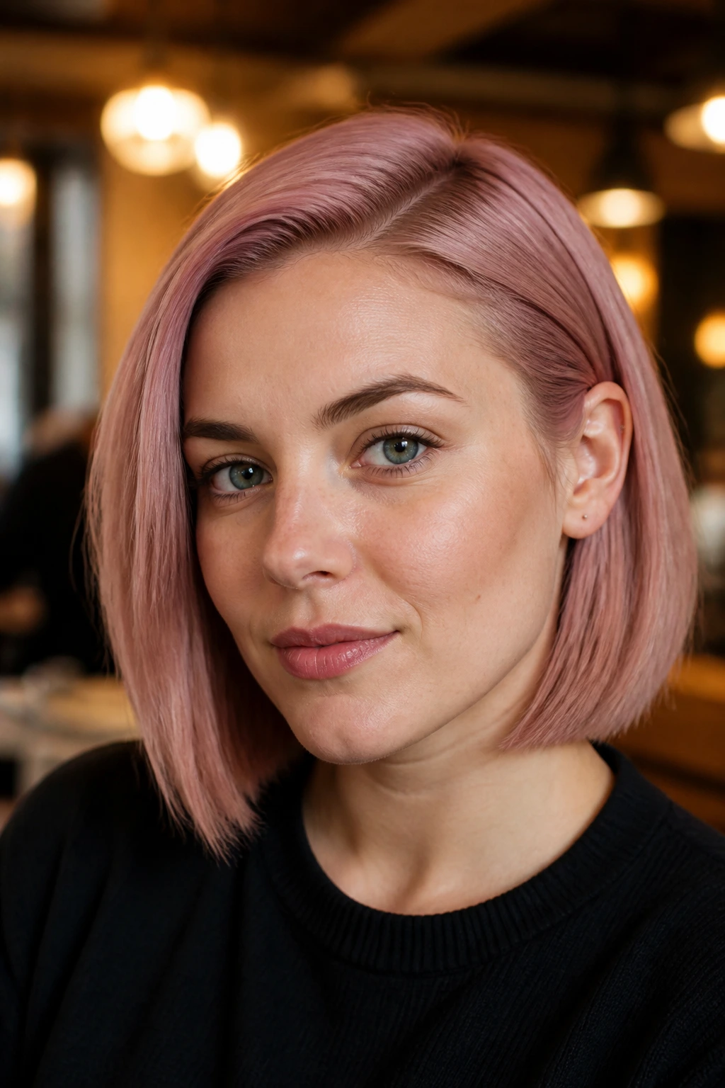 Close-up portrait of a real woman with a dusty rose bob.