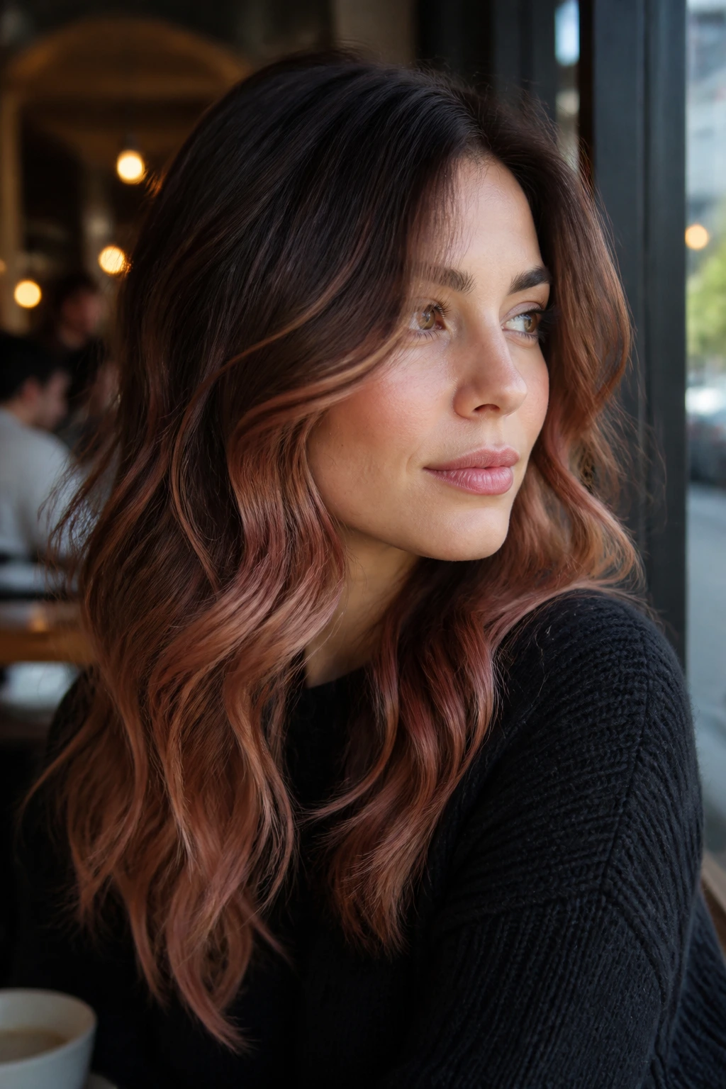 Portrait of woman with dusty rose copper balayage over brunette base