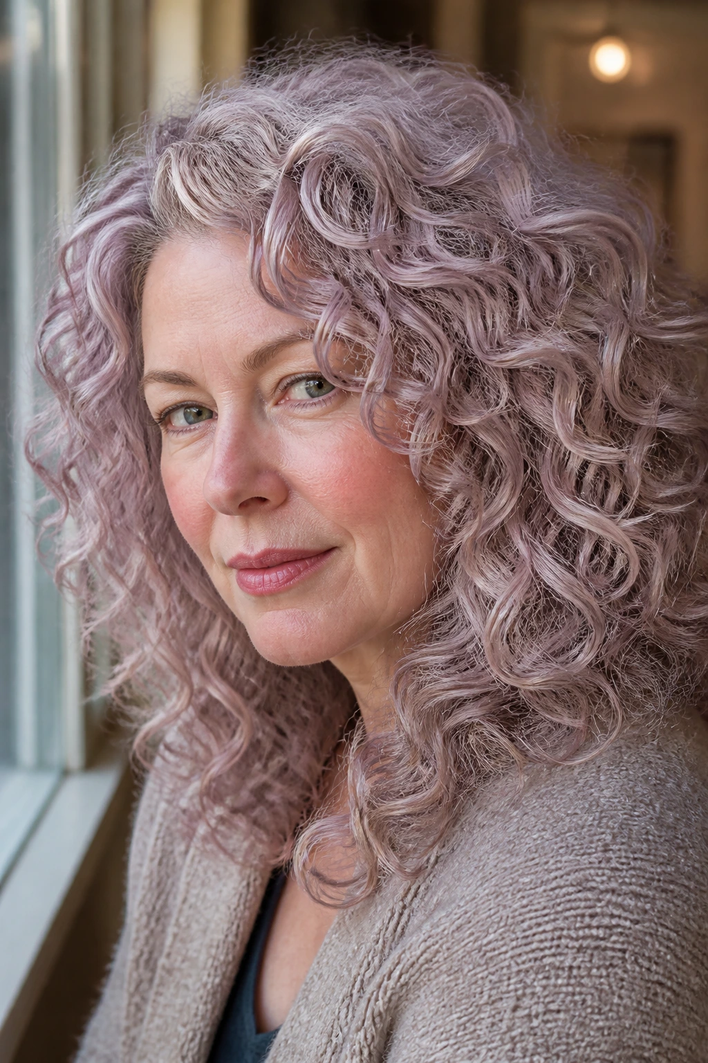 Close-up of a real woman with dusty rose gray curls in warm indoor light