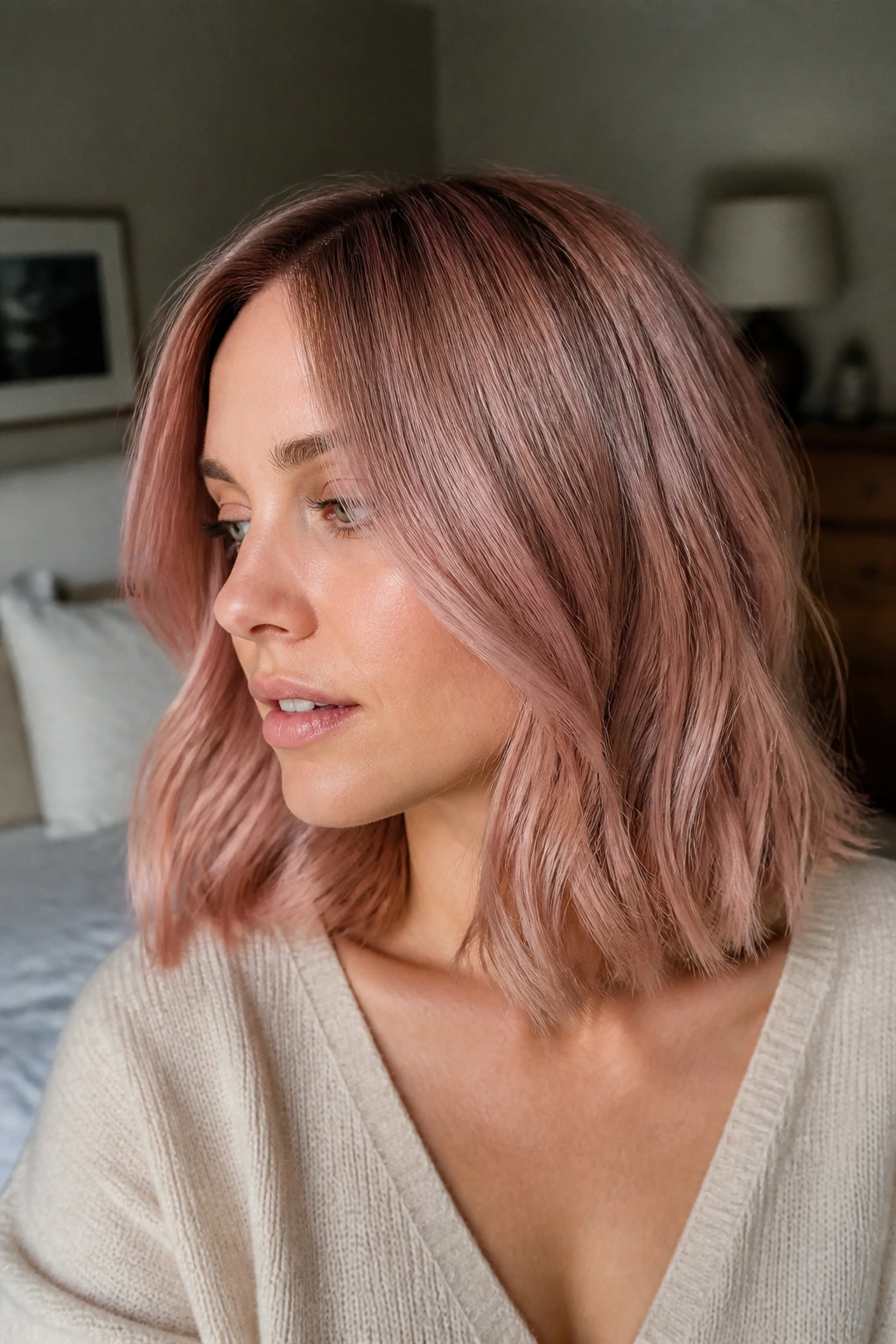Close-up of a woman with a dusty rose lob and muted beige undertones