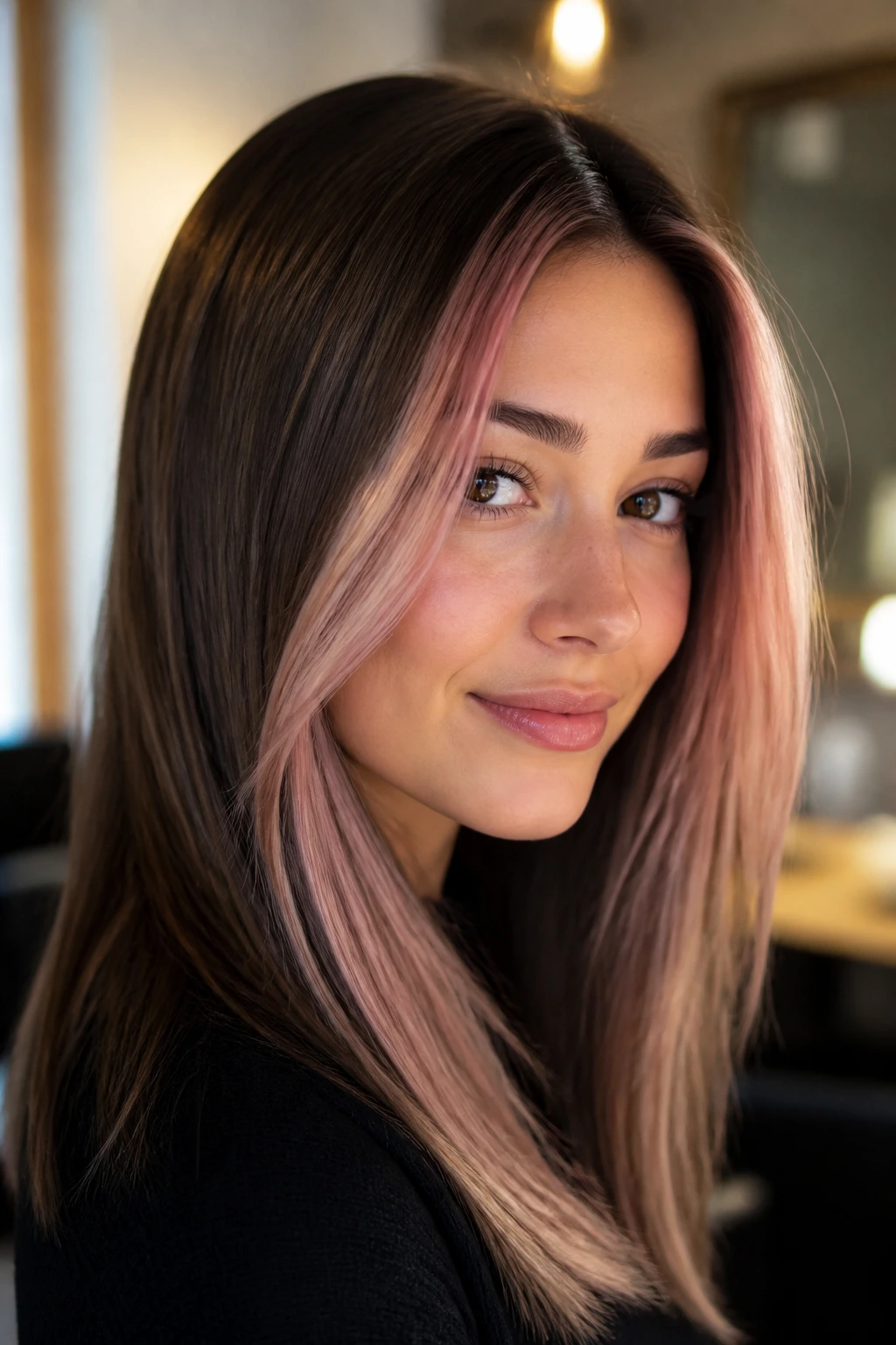 Close-up of a real person with dusty rose highlights framing the face.