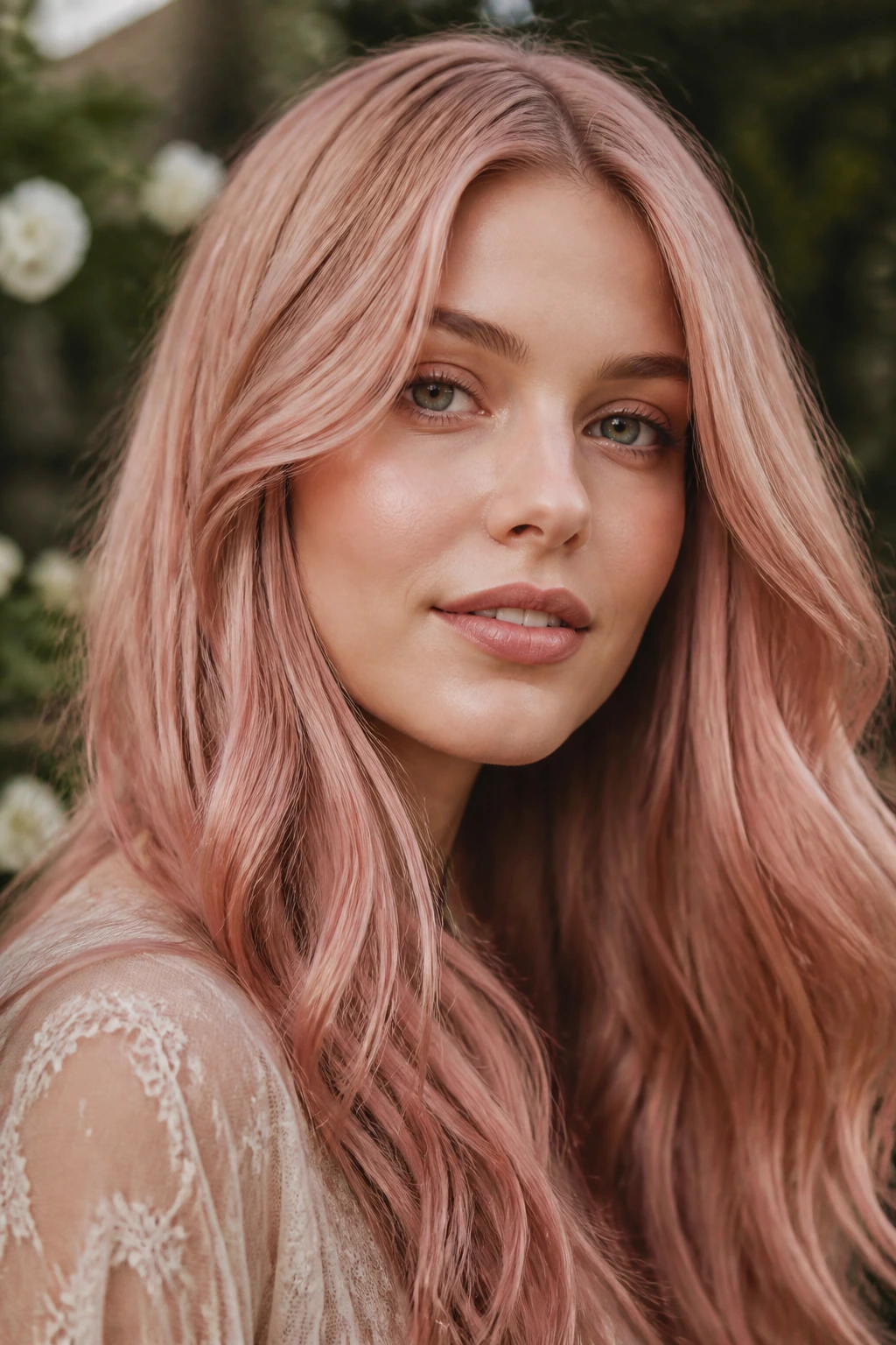 Close-up of a real person with dusty rose strawberry blonde hair in a soft outdoor setting.