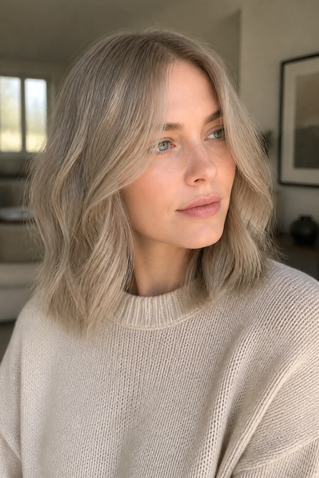 Close-up of a real woman with dusty sand blonde hair in a cool matte finish.