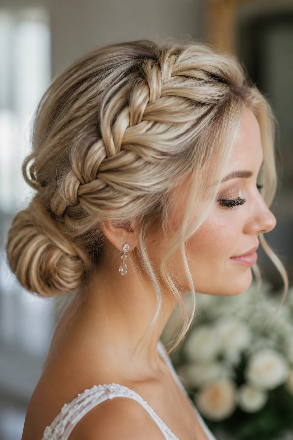 Close-up of a real bride with a Dutch braid flowing into a bun
