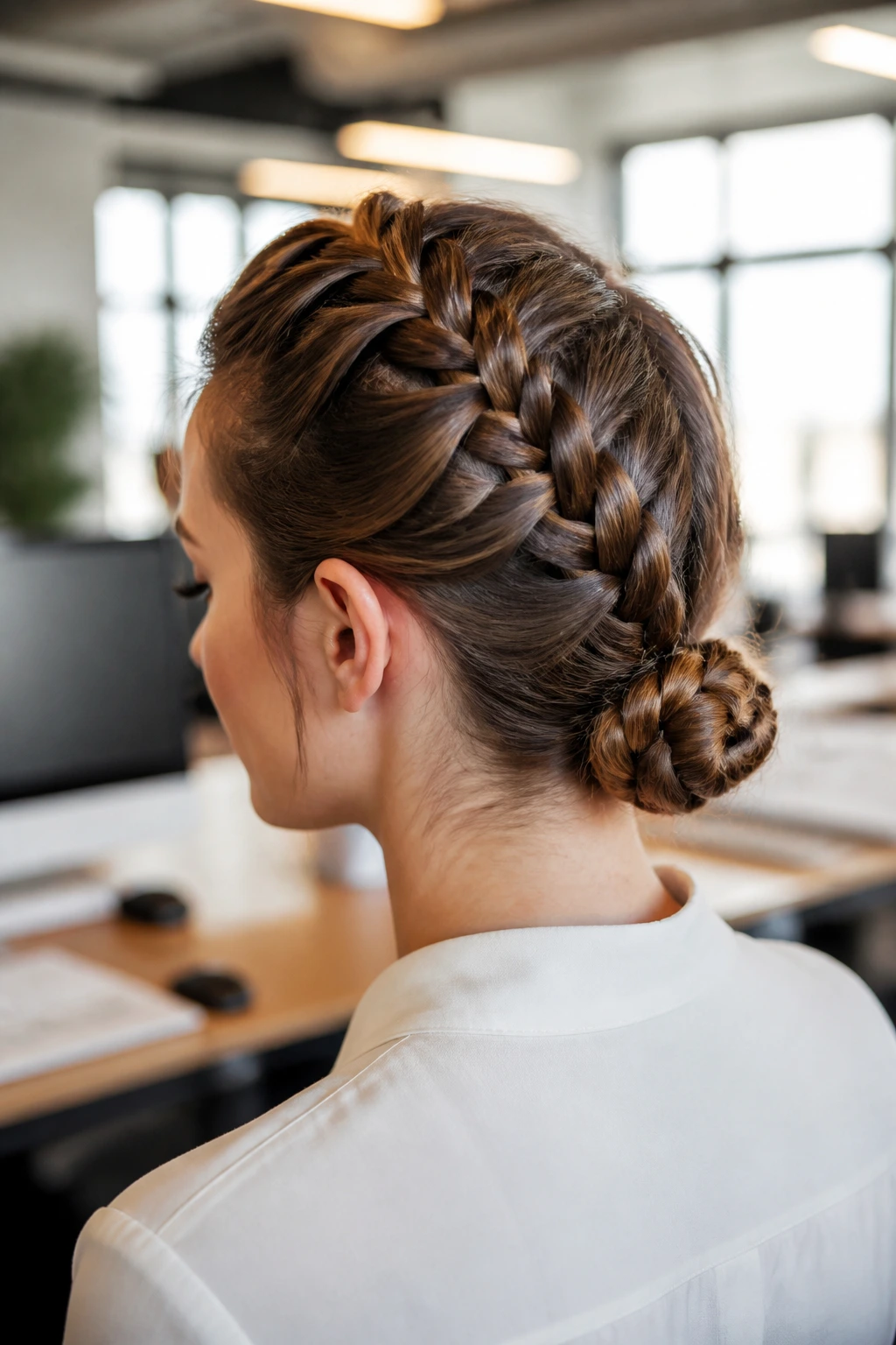 Three-quarter view of a woman with a Dutch braid bun
