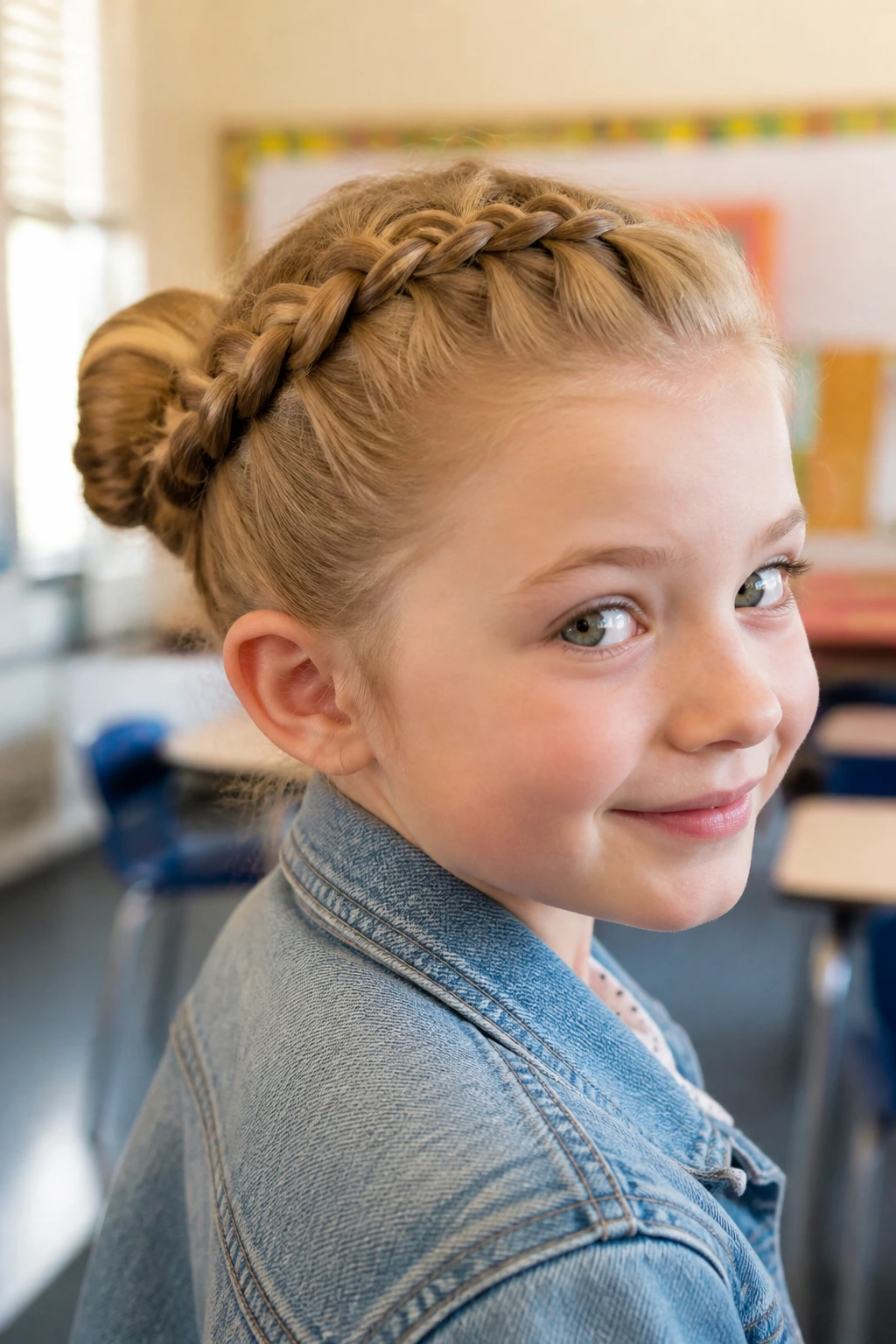 Close-up of a real girl with a Dutch braid leading into a bun in a classroom