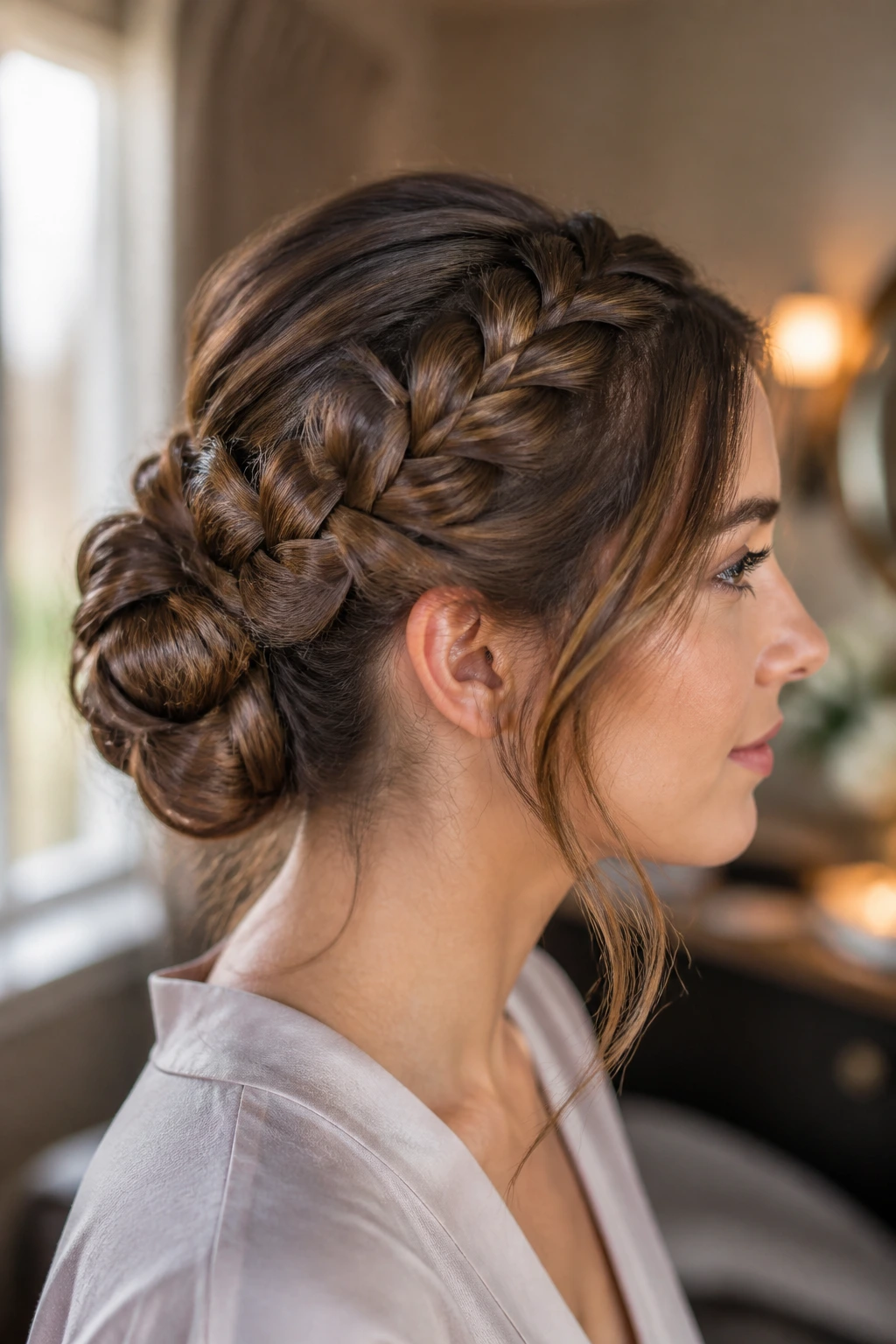 Side-profile of a real woman with a Dutch braid that forms a bun.