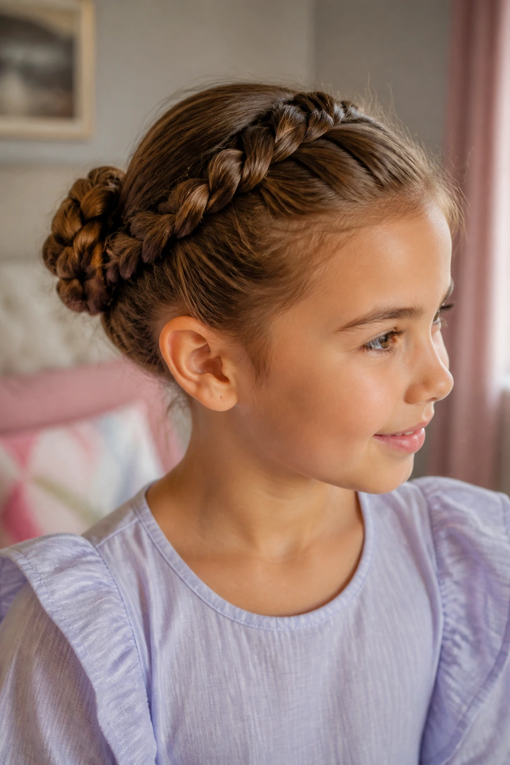 Close-up of a real child's head showing a Dutch braid feeding under into a bun