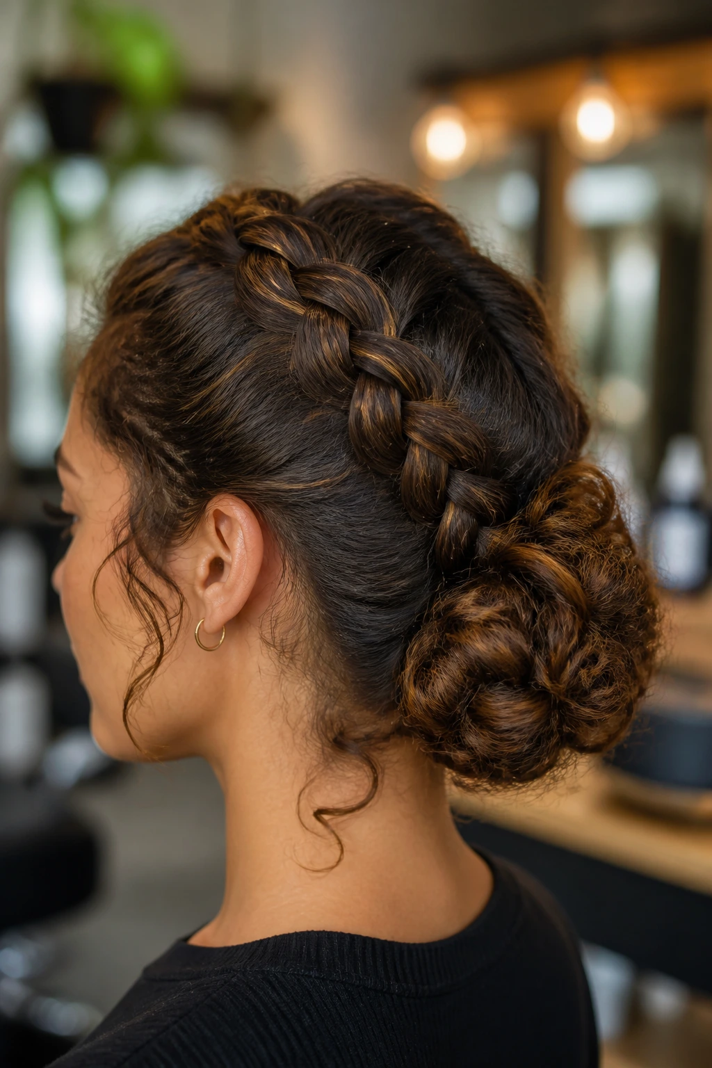 Close-up of a real person with a Dutch-braid bun showing raised crown braid