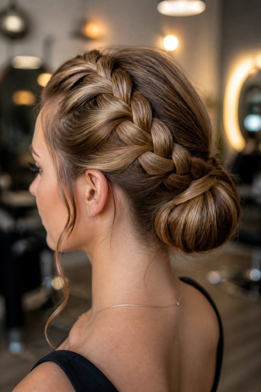Close-up portrait of a woman with a Dutch braid into a bun hairstyle