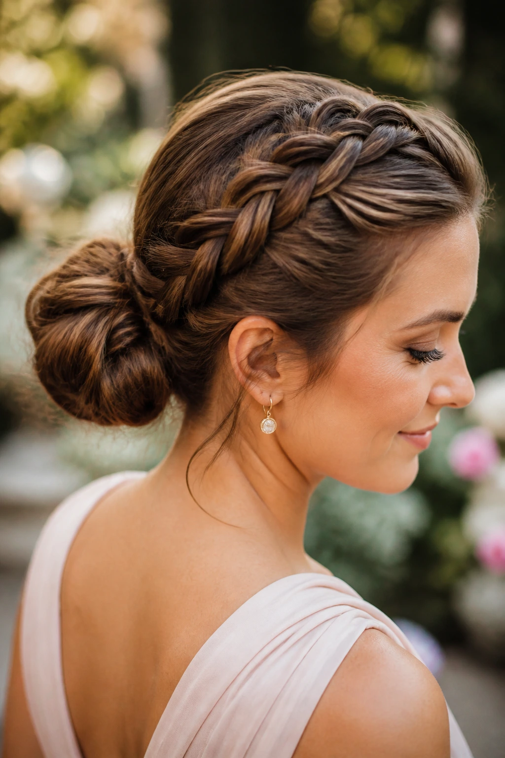 Close-up of a real woman with a Dutch braid leading into a bun in an outdoor garden
