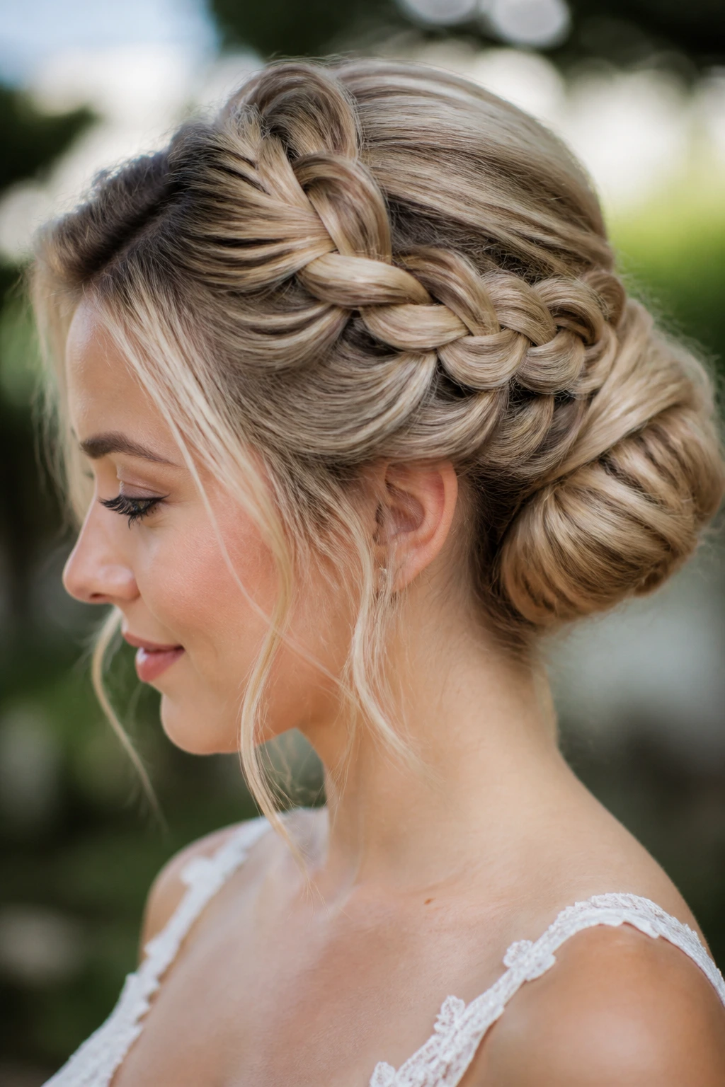 Close-up of a real bride with a raised Dutch braid leading to a low bun outdoors.