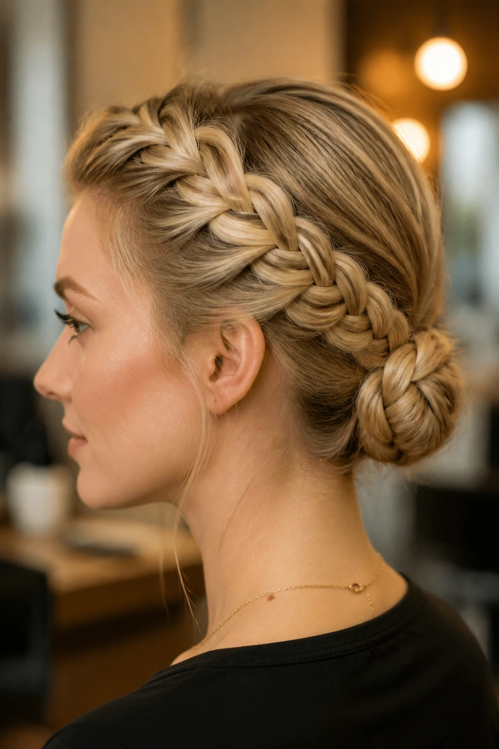 Profile view of Dutch-braid bun on real hair