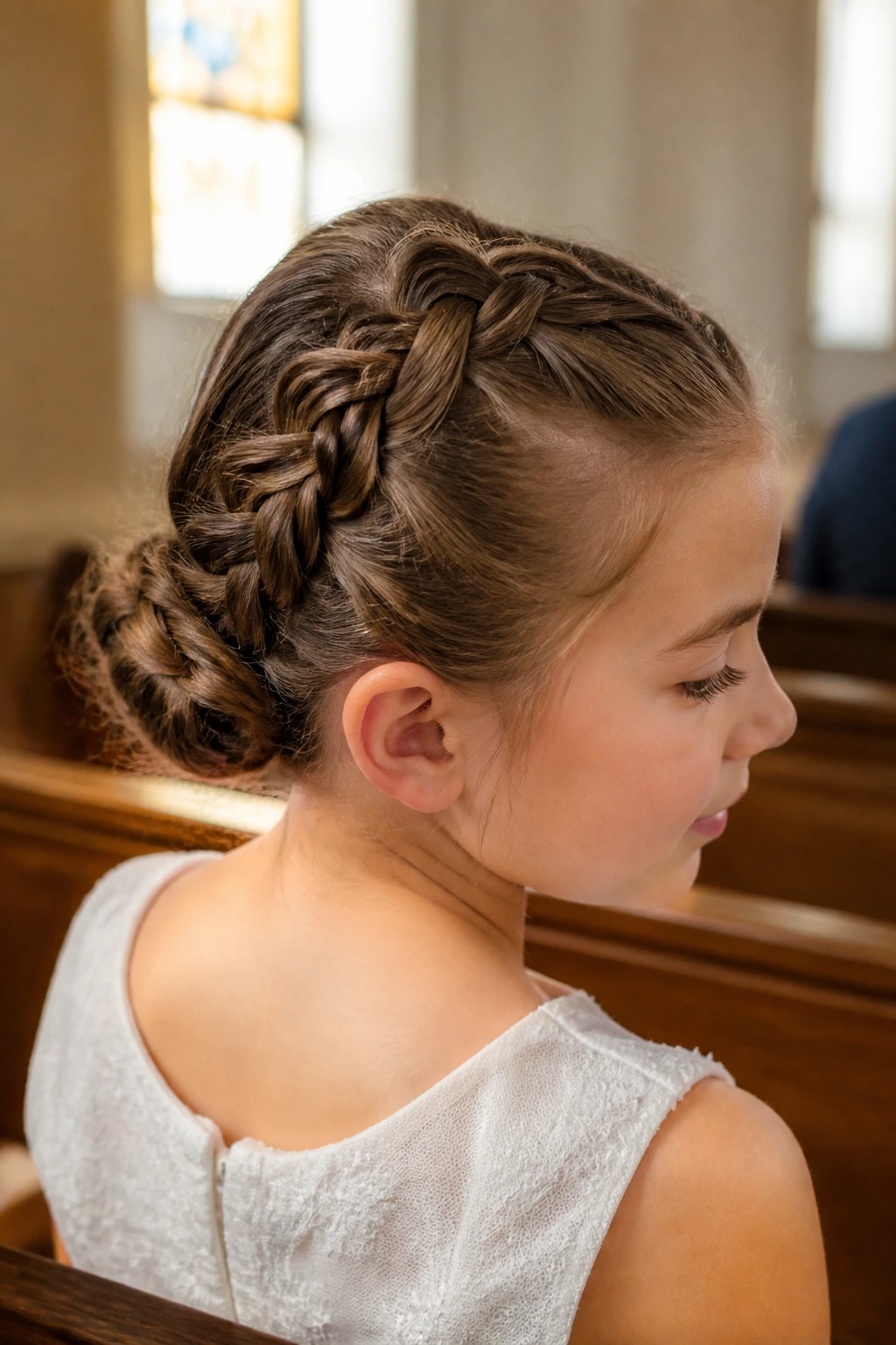 Close-up of a young girl with a Dutch braid bun in church window light