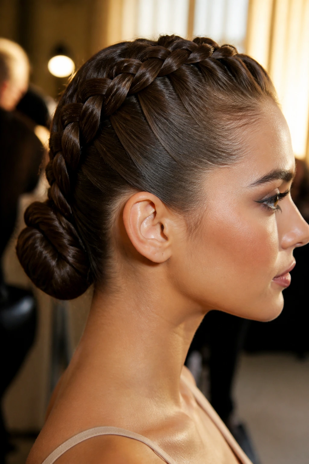 Close-up of a real woman showing a Dutch braid forming a tight bun at the crown.