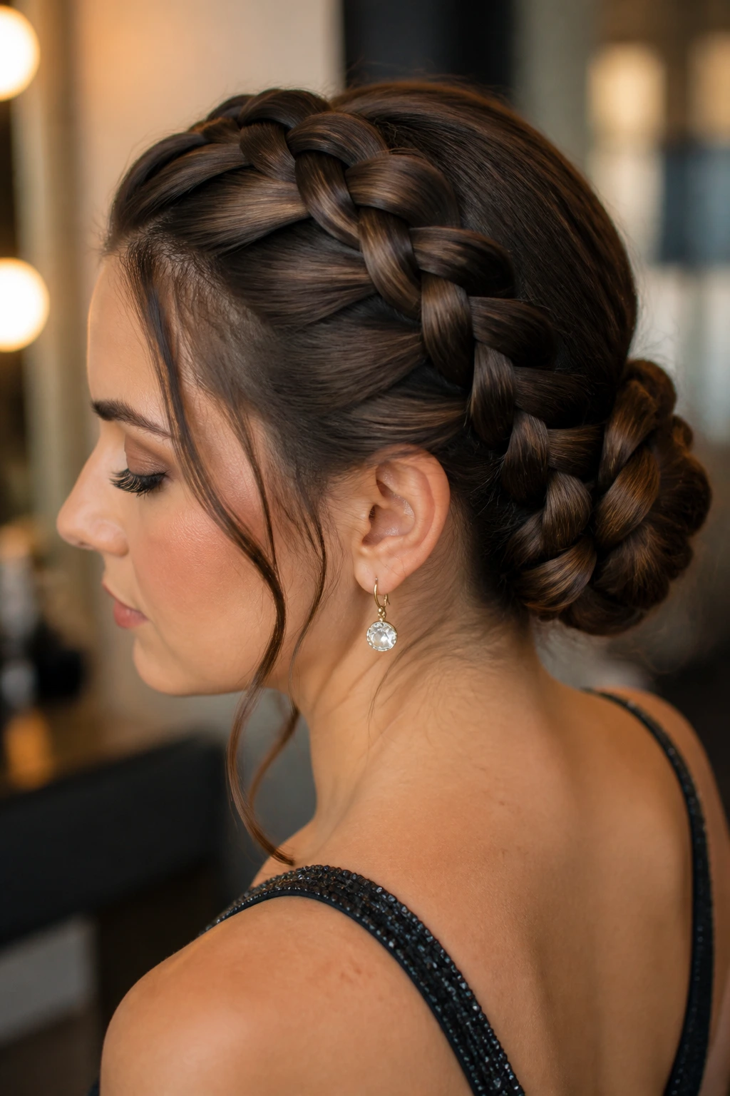 Real woman with Dutch braid transitioning into a bun at the nape.