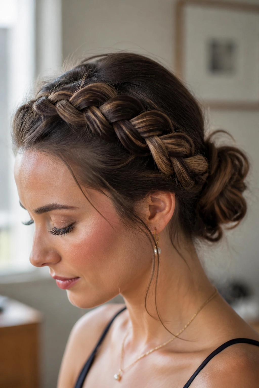 Close-up portrait of a real woman with a Dutch braid merging into a low bun