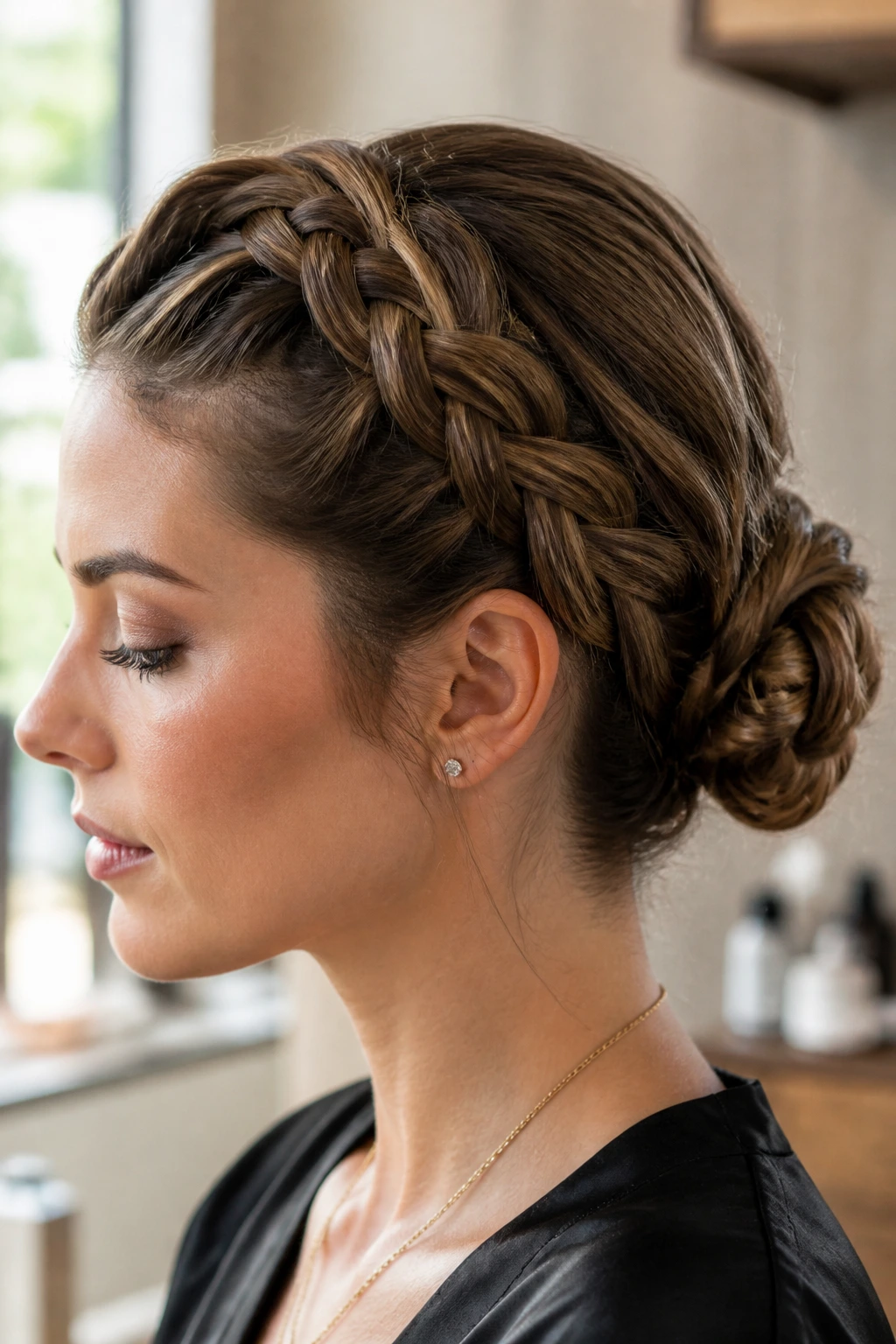 Close-up of a real woman with a Dutch braid coil bun occupying the frame