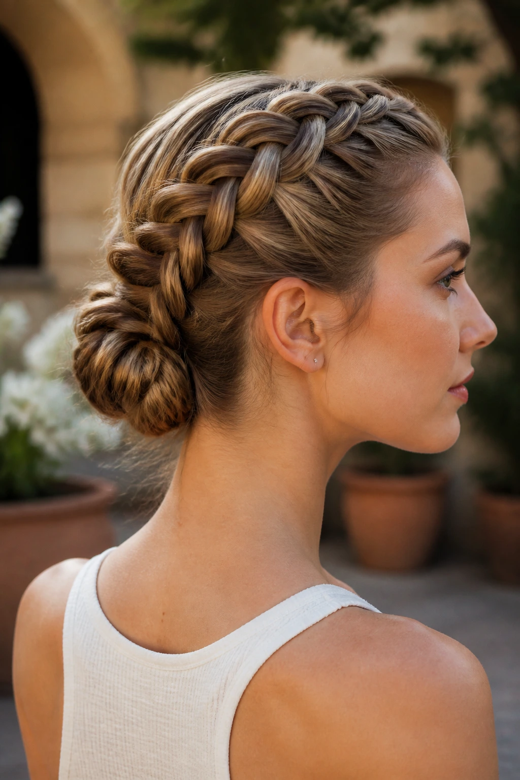 Close-up rear three-quarter view showing Dutch braid rolled into a bun at the nape
