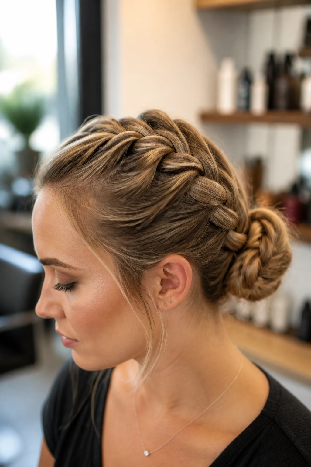 Real woman showing a Dutch braid leading into a bun with visible ridge.