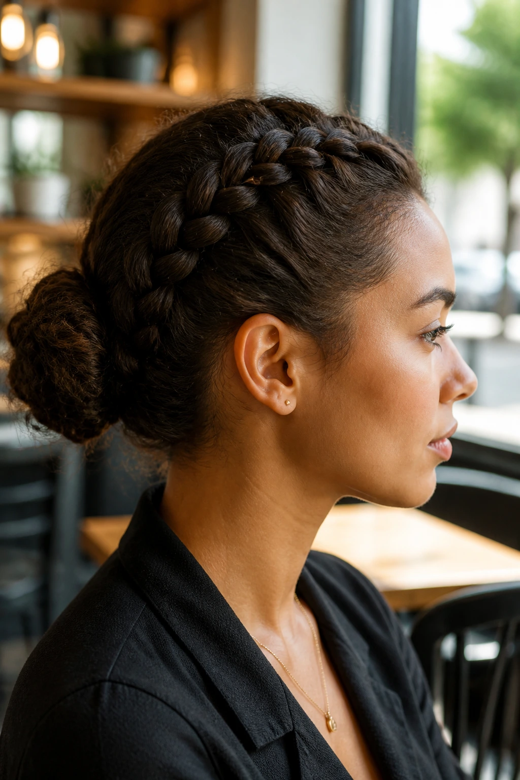 Real woman with Dutch braid into bun, hair neatly braided along scalp to bun at back.