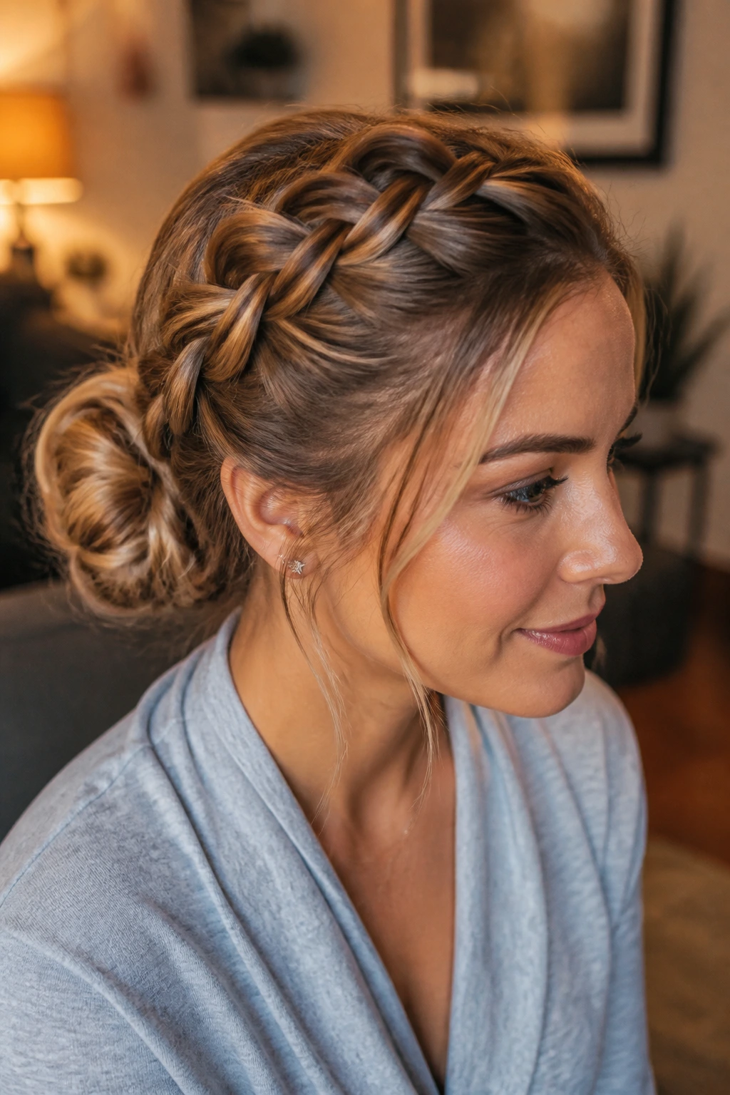 Portrait of a woman with a raised Dutch braid leading to a bun at the back